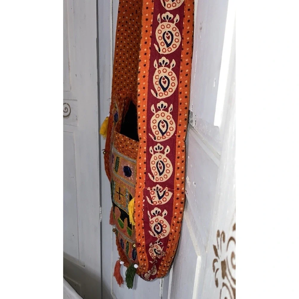 Vintage Embroidered Elephant Print Orange Sling Bag Purse Tassels, Mirror Dots